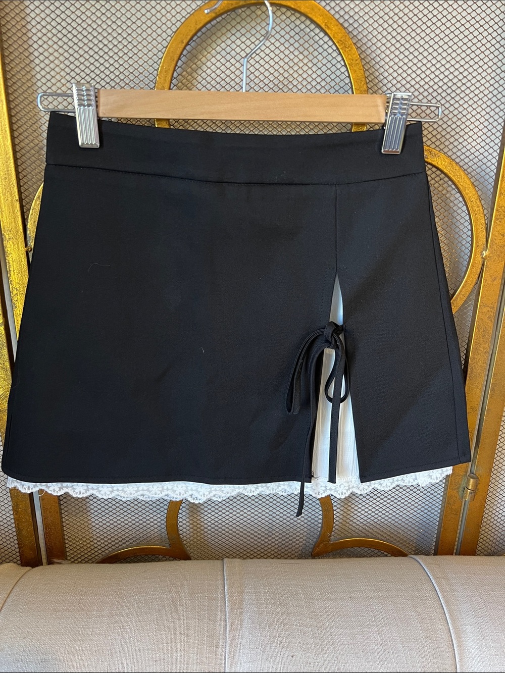 Black Lace-Trim Skort with Side Tie